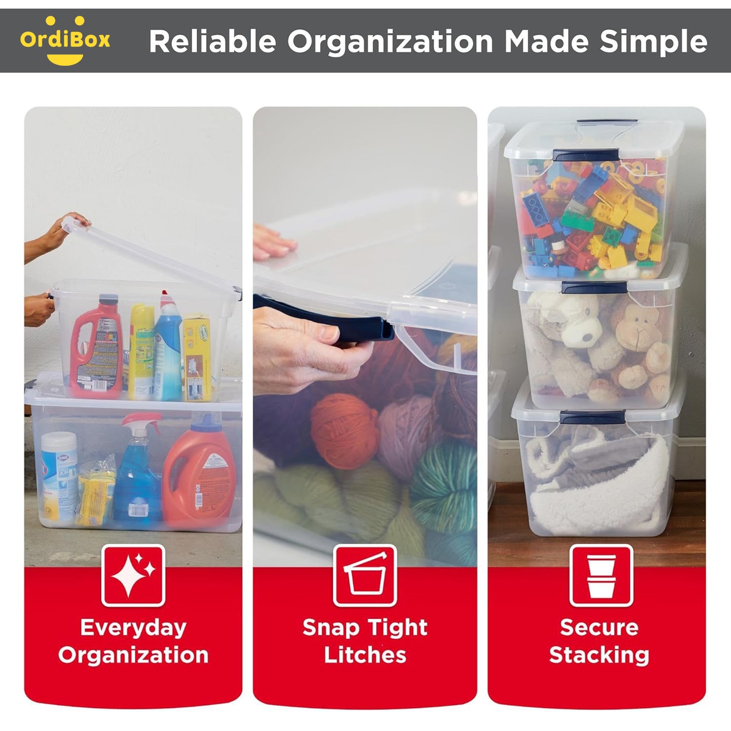 Ordibox Cleverstore Clear Plastic boxes 32 Qt 6 Pack Stackable Plastic Storage Bins with Lids