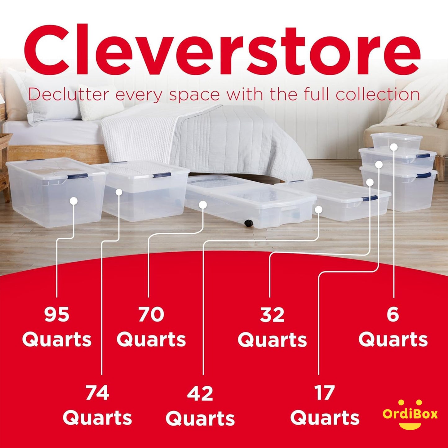 Ordibox Cleverstore Clear Plastic boxes 32 Qt 6 Pack Stackable Plastic Storage Bins with Lids
