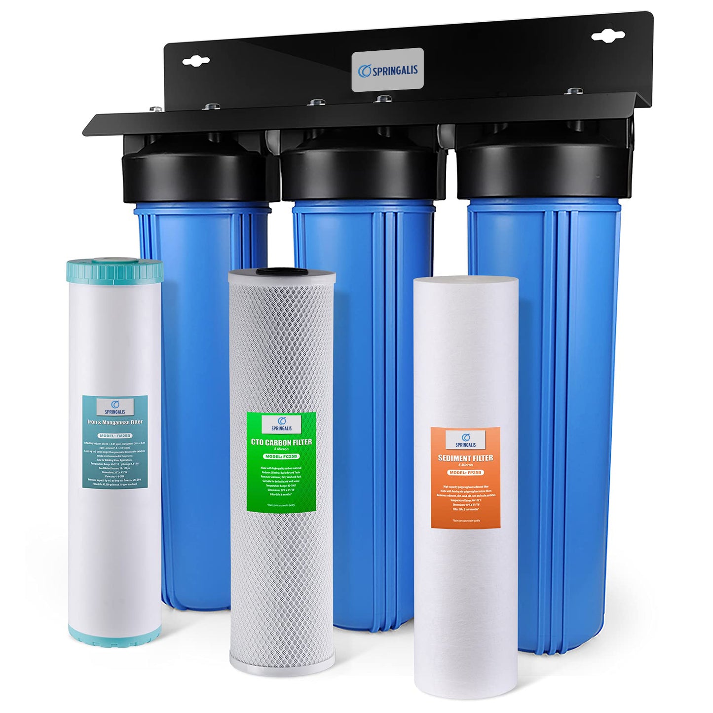 Springalis Whole House Water Filter System, Reduces Iron, Manganese, Chlorine, Sediment, Taste, and Odor, 3-Stage Iron Filter Whole House